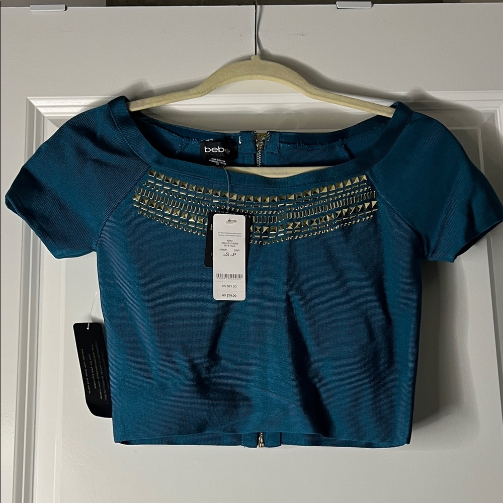bebe Blue Crop Top with Gold Accents